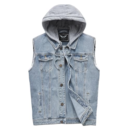 RongYue Herren Denim Weste Casual Button Stretchy Distressed Jeans ärmellose Jacke mit Kapuze, Blau, X-Large