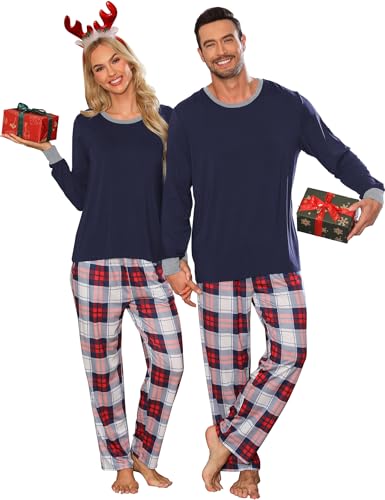SWOMOG Passender Weihnachtspyjama für Paare langärmelig Familiennachtwäsche Buffalo Plaid Pyjama-Hose mit Taschen Herren und Damen Marineblau M