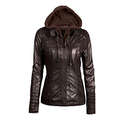 Chowsir Jaqueta feminina vintage de couro sintético com capuz para motociclistas e motos, Café, G