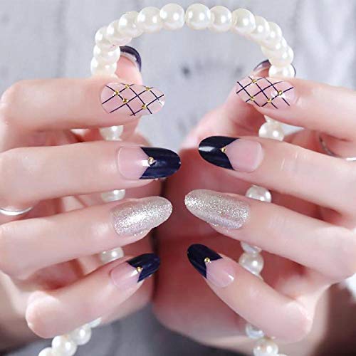 Falsche Nägel Mädchen Einfache Mode Schwarzes Netz Falscher Nagel Frauen Charm Acryl Nail Art Tipps Mit Kleber 24Pcs Diy…