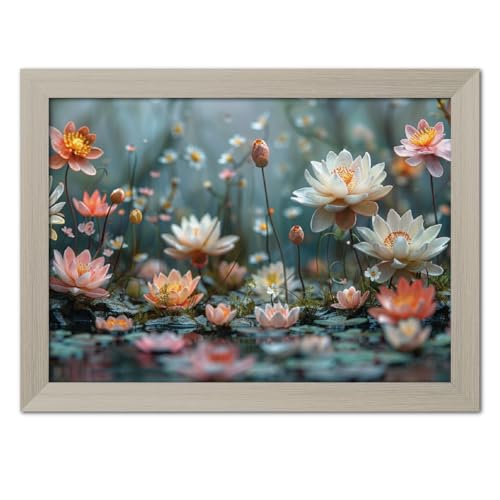 Image of TenorArts Lotus Flowers Photo Frame Vastu Positivity Aesthetic Wall Painting Lucky Art Frames with White Wooden Texture for Living rooms Office Bedroom - Wall Paintings /Hangings (12inches x 9inches)