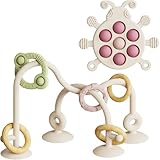 Baby Montessori Toy, High Chair Suction Cup Toy and Teething Toy Set - Table Toy & Pop-it Fidget Teether for 6+ Months 1 2 3 Years, BPA Free Silicone Sensory Toys for Baby and Toddler (Beige)