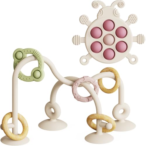 Image of Baby Montessori Toy, High Chair Suction Cup Toy and Teething Toy Set - Table Toy & Pop-it Fidget Teether for 6+ Months 1 2 3 Years, BPA Free Silicone Sensory Toys for Baby and Toddler (Beige)