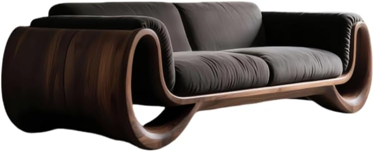 Contemporary New Walnut Sofa Sculptural Curved Wood Frame with Premium Upholstery, Luxury Modern Living Room Furniture