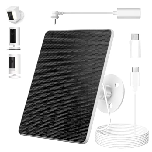 Image of 5W Solar Panel for Ring Camera, Compatible with Rings Spotlight &All-New Stick Up Outdoor Cam Battery, Includes Barrel Plug to Micro USB & USB-C Port Adapter, 3600mAh, IP65 Waterproof, 10ft