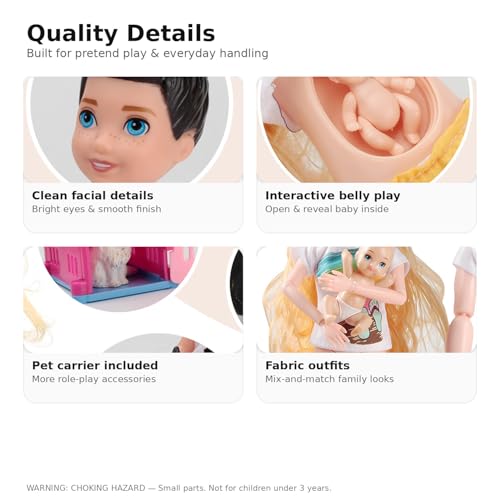 Family Dolls Set of 6 People with Dollhouse Pets Included Pregnant Mom Dad 3 Kids and Baby Boy in Mommy's Tummy, Doll Playsets and Accessories for 3-12 Years Old Toddlers Gift