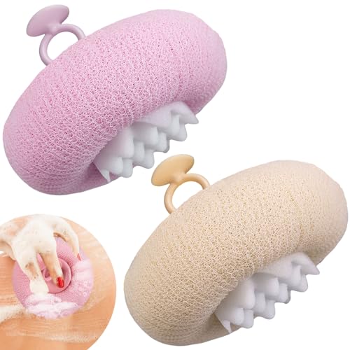 FWUNYVN 2Pcs Upgrade 2-in-1 Sunflower Bath Ball,Super Soft Sunflower Suction Cup Bath Ball，Bath Loofah with Suction Cup, Exfoliating Bath Sponges for Shower Women Men(Beige+Purple)