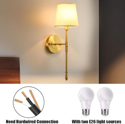 Image of Wall Sconces Sets of 2, Classic Brushed Brass Sconces Wall Lighting, Hardwired Bathroom Vanity Light Fixture with Fabric Shade for Bedroom Living Room Hallway Kitchen (Bulbs Included)(Warm light)