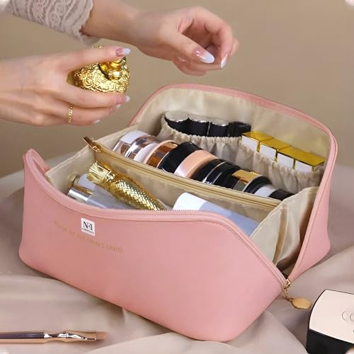 Image of NFI essentials Cosmetic Travel Organizer Bag, Women's Makeup Pouch Toiletry Bag Portable Leather Wide Opening Cosmetics Bag with Handle and Divider