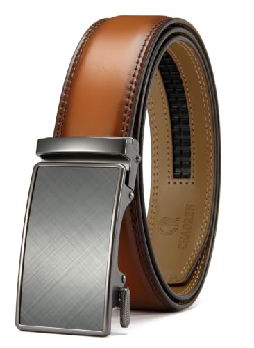 Image of Chaoren Leather Ratchet Belt 2 Pack Dress with Click Sliding Buckle 1 3 /8 inch in Gift Set Box - Adjustable Trim to Fit