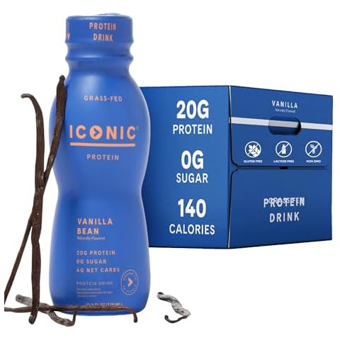 Iconic Protein Drinks, Vanilla Bean (12 Pack) - Sugar Free & Low Carb - 20g Grass Fed Protein - Lactose Free, Gluten Free, Non-GMO, Kosher - Keto Friendly Protein Shakes Cover