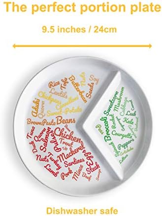 j&m Divided Slimming Plate with Sections for Easy Portion Control, Beautifully Designed with Food Ideas for Sustainable Weight Loss, Easily Follow a Balanced Diet