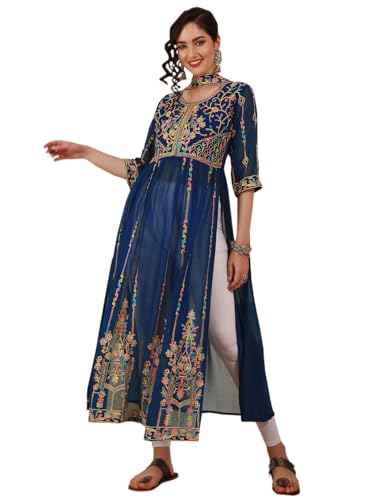 Image of EthnicJunction Women's Georgette Embroidered and Sequence Work Naira Cut Kurta and Dupatta Set