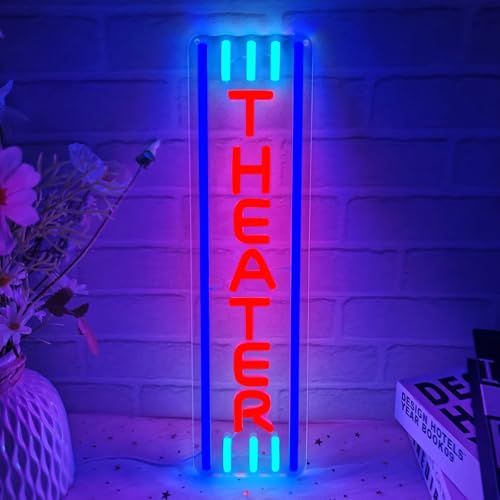Image of Theater Neon Sign Movie Theater Decor Movie Night Led Sign Home Movie Theater Neon Sign for Wall Decor Home Theater Accessories Neon Light Up Sign for Theater Movie Night Party Movie Room Film Room