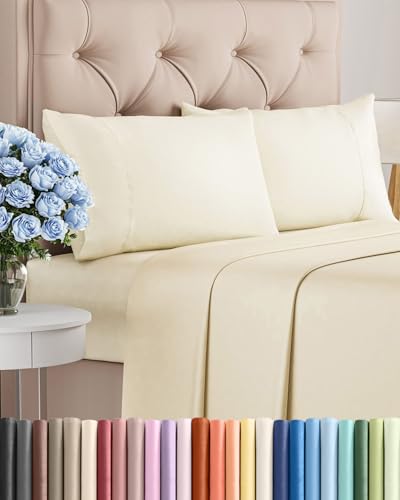Image of Twin 4 Piece Bed Sheet Set - Comfy, Breathable & Cooling Sheets - Off White | Ultra Soft Hotel Luxury Bedding Set with 8-16 Inch Deep Pockets, 1 Flat & 1 Fitted Sheet & 2 Pillowcases, Wrinkle & Fade Free