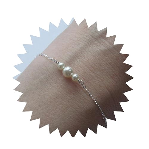 Boho Pearl Bracelet Silver Three Pearl Chain Bracelet Freshwater Pearl Bracelet Everyday Bracelet Minimalist Hand Chain Jewelry for Women Bridesmaid