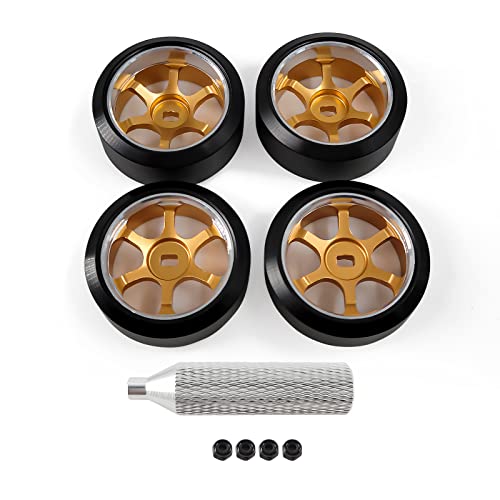 Abendor 4Pcs 22mm 1/28 Rc Car Drift Wheel Hub with Rc Car Drift Tires for 1/28 Mini-Q HGD1 Mini-Z DRZ Wltoys K969 RC Drift Car Upgrade Parts (Gold)