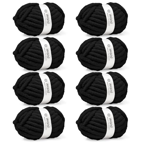 Inhand Chunky Chenille Yarn for Hand Knitting Thick Bulky Blanket Yarn for Crocheting Soft Fluffy Yarn for Crochet Birthday Gifts for Men/Women/Beginners 8 Pack (29.5Yds/8.4oz Each) Jet Black
