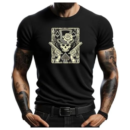 Camiseta Negra de Hombre con Diseño de Calavera y Sombrero, Estilo Cartas de Póker y Pistolas, Moda Urbana y Vintage (FR/ES, Letras, XL, Regular, Regular, Negro)