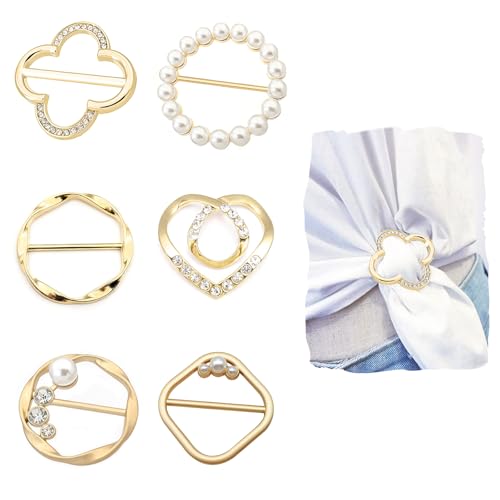 Image of 6 Pcs Silk Scarf Ring Shirt Clips,T-shirt Ties Clips Clothes Corner Knotted Button Belt Buckle For Lady Girls Women with Pearl Rhinestone