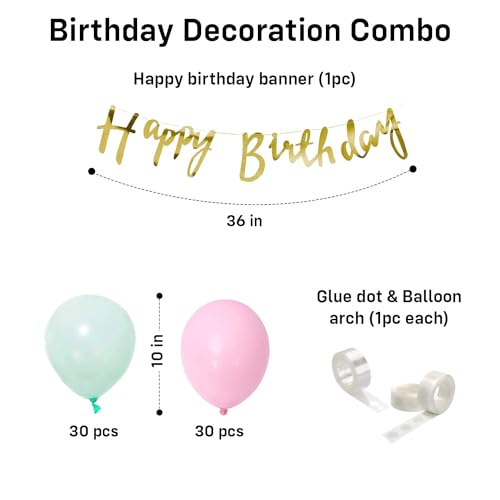 Image of Party Propz Birthday Decoration Items - 63 Pcs, Happy Birthday Decoration | Birthday Decorations for Girls | Pink Green Balloons for Bday Decoration | Birthday Banner(Cardstock)| Glue Dot, Arch Tape