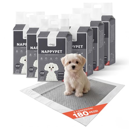 Tappetini Igienici Cane 60x60 cm ai Carboni Attivi Anti-Odore, Ultra Assorbenti e Impermeabili con 5 Strati e Asciugatura Rapida, Con Adesivi, Training Pads per Cuccioli Confezione da 180 Pezzi