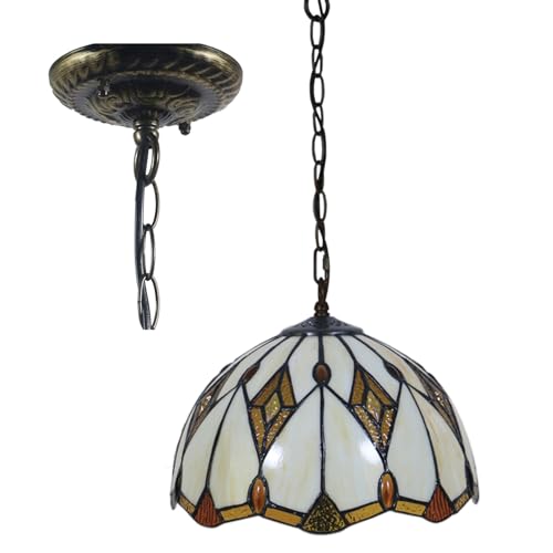BOTOWI Tiffany Hanging Lamp, Stained Glass Ceiling Pendant Fixture with 12 Inch Wide Handmade Beige Lampshade, Cream Vintage Antique Pendant Lighting for Dining Hallway Kitchen Balcony,Baroque