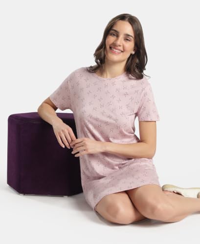 Image of Jockey RX25 Women Micro Modal Cotton Ruffled Hem Styled Half Sleeve Printed Sleep Dress (Colors & Prints May Vary)
