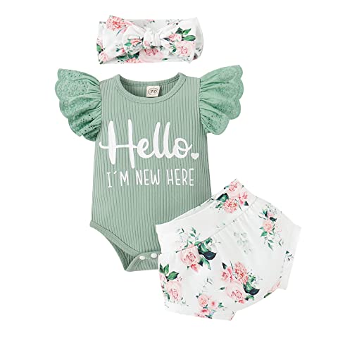 Image of ZOELNIC Baby Girl Clothes, Newborn Summer Lace Ruffles Romper + Floral Shorts 3pcs Toddler Photoshoot 3pcs Outfits