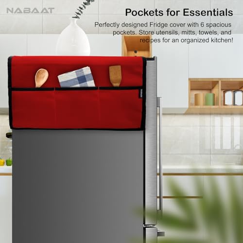 Image of NABAAT Premium Fridge Cover for Single Door Refrigerator Kitchen Decor Durable Dustproof Waterproof Modern Design with 6 Side Pockets for Kitchen Accessories - 130 x 54cm (Red)