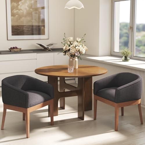 Mid Century Modern Upholstered Barrel Dining Chairs with Arms Set of 2, Farmhouse Linen Kitchen & Dining Room Chairs with Natural Hardwood Frame, 18