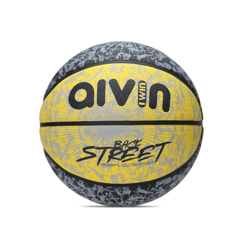 Image of Aivin Back Street Basketball, Rubberized Moulded Basketball Game, for Match, Training, Outdoor Ball, Durable for Practice, Suitable for All Surface, 8 Panel, Material-Rubber (Yellow /Black) Size 7