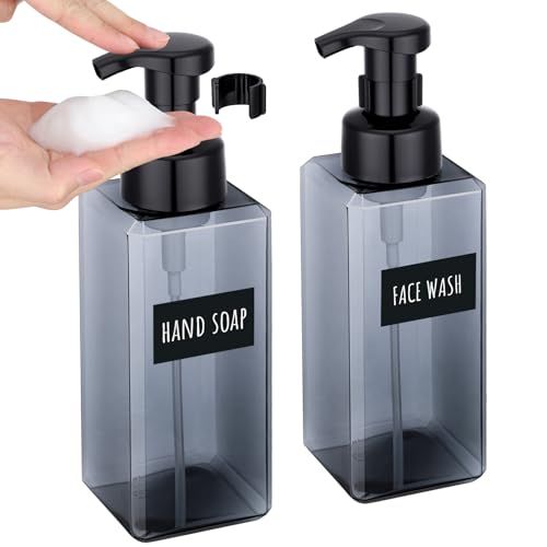 Image of Segbeauty Empty Foam Bottle for Kitchen 22oz, 2pcs Plastic Foaming Soap Dispenser Bathroom, 650ml Gray Square Foam Pump Bottle with Label Stickers, Refillable Foaming Hand Soap Dispenser Large