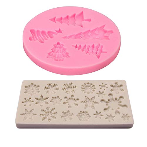 Fleymu DIY Silicona Navidad Molde Set Cocina Herramienta Horneado Pastel Fondant Bricolaje Mold Árbole Navidad Copo Nieve Molde para Pasteles Navideño, Caramelo, Bombon, Azúcar, Jalea, Jabón (2 Trozo) Cover