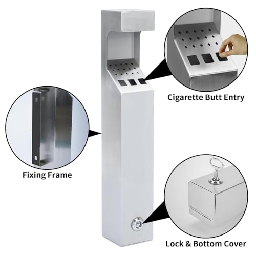 Posacenere da parete con serratura, in acciaio inox, contenitore per cenere per sigarette, impermeabile, contenitore per rifiuti esterni con chiave
