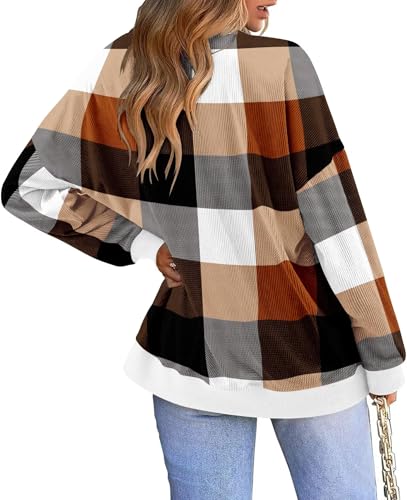 KISSMODA Women's Casual Long Sleeve Sweatshirt Color Block/Solid Crewneck Corduroy Pullover Cute Tops
