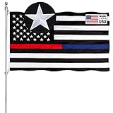 Embroidered Thin Red Blue Line Police Flag 3x5 Outdoor- Blue Stripe American Police Flags Vivid Colors 240D Polyester with Brass Grommets Enforcement Officers