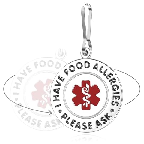 Divoti I Have Food Allergies Bag Tag 1.25" - with Zipper Pull | Pre-Engraved Stainless Steel Dual-sided | Bold Lettering Cover