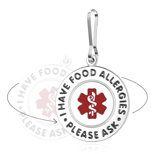 Divoti Medical Alert Food Allergy Bag Tag, Polished Stainless Steel Charm with Single Side Bold Text - Durable, Rust-Proof & Waterproof, Zipper Pull Attachment for Backpacks, Bags, Travel