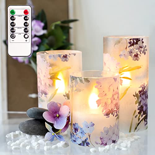 Image of Hydrangea Flameless Candles with Remote Blinks Glass Real Wax LED Candles - Home Party Wedding Romantic Love Theme Summer Holiday Decor - Set of 3