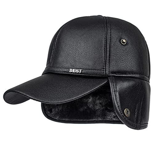Mens Winter Hat Leather Baseball Cap with Foldable Earflaps Fleece Lined Warm Windproof Waterproof Cycling Hat Adventure Cap