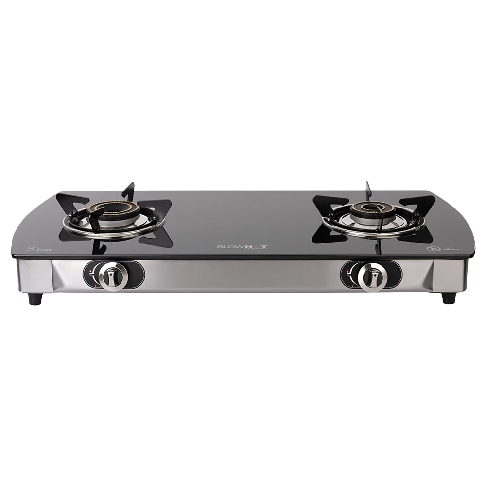 BLOWHOT Jasper 2 Burner Auto Ignition Gas Stove | Heavy Tornado Brass Burners | Toughened Glass Cooktop | ISI certified - Stainless Steel Frame - 2 Years Warranty By Blowhot - Black