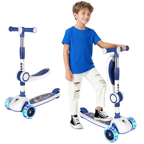 Patinete para Niños-Patinete de 3 Ruedas Niños Asiento Extraíble, Plegable Patinete Niños con 4 Altura Ajustable, Scooter Niño con Rueda Luminosa Scooter Infantil Niño para Niñas 3-8 Años (Azul)