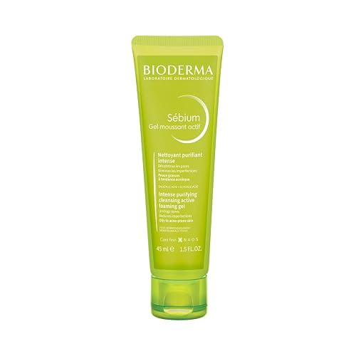 Bioderma Sebium Gel Moussant Actif Intense Purifying Cleansing Foaming Gel with Salicylic & Glycolic acid |Oily and Acne-Prone Skin, 45ml