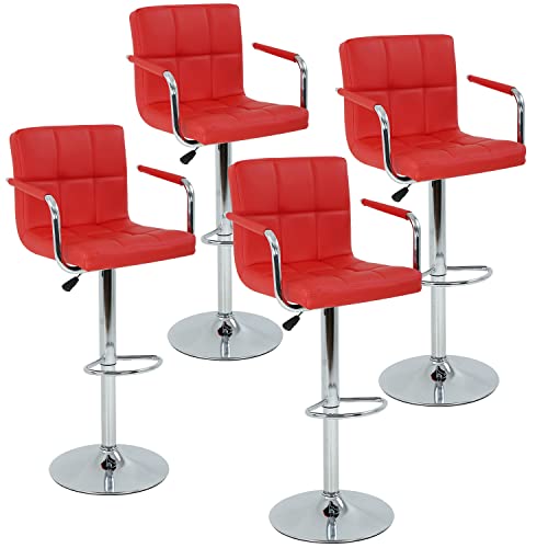 Dkeli Set of 4 Bar Stools Counter Stools with Armrest Height Adjustable Swivel Barstools with Back PU Leather Hydraulic Modern Tall Dining Chair for Kitchen Living Room Pub Coffee Red
