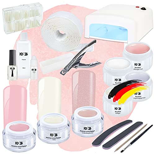 ND24 NailDesign – Gelnägel Starter Set Premium mit UV Haftgel, Aufbaugel, Frenchgel, Versiegelungsgel, UV-Lampe & Zubehör + MakeUp Gele – Komplettset für Anfänger geeignet – UV Gele Made in Germany