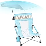 Dowinx Beach Chair with Adjustable Umbrella, Portable Low Camping Chair for Adults, High Back Lightweight Lawn Chair with Holdcup, UPF 50+