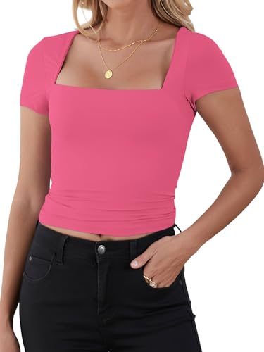 NTSWZYS Women's Square Neck Short Sleeve T Shirts Double-Layer