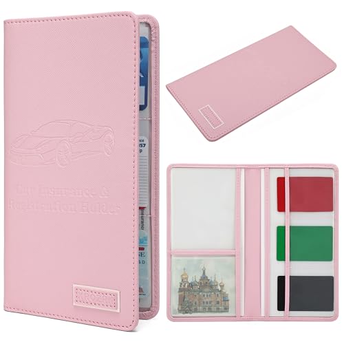 Image of Car Registration and Insurance Holder Glove Box Folder-Premium PU Leather Car Document Wallet Driver's License, Cards and Other Essentials (pink)
