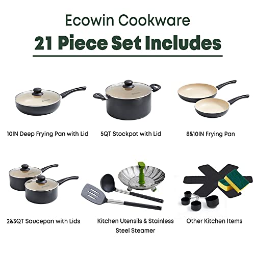 Ecowin Non Stick Cooking Sets, Granite Coating Nonstick Cookware Set, Kitcken Pots And Pans Pfoa Free, Oven Safe & Dishwasher Safe - 21 Pieces #TOP5